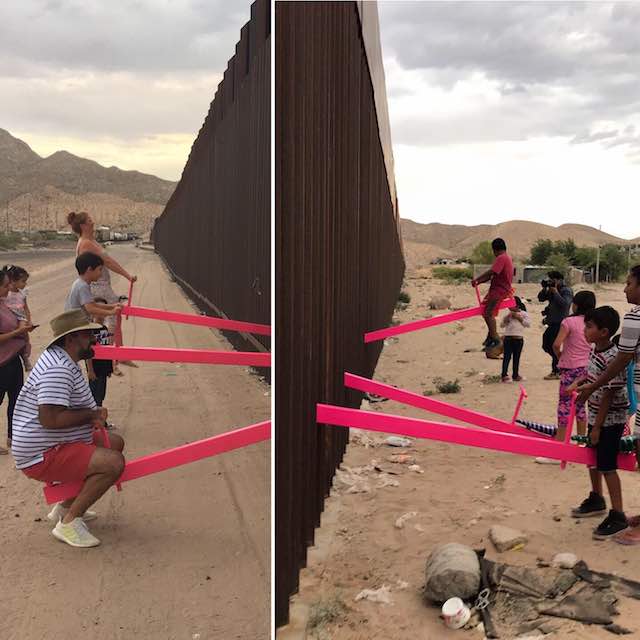 Two California professors arrange a set of seesaws across the US-Mexico border wall for kids from both sides to play together
