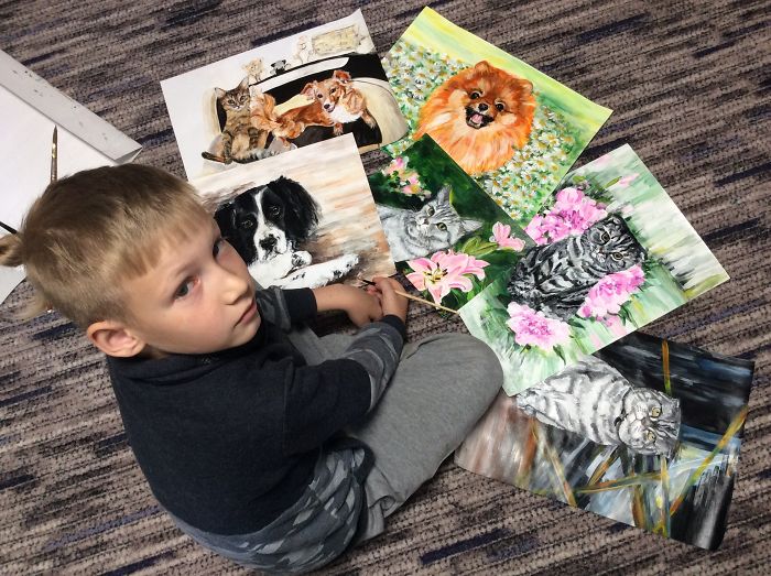 This little boy paints stunning pet portraits and then ‘sells’ them for donations to shelter animals